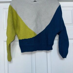 Express Colorblock Crewneck Sweater in Blue, Lime & Light Gray
